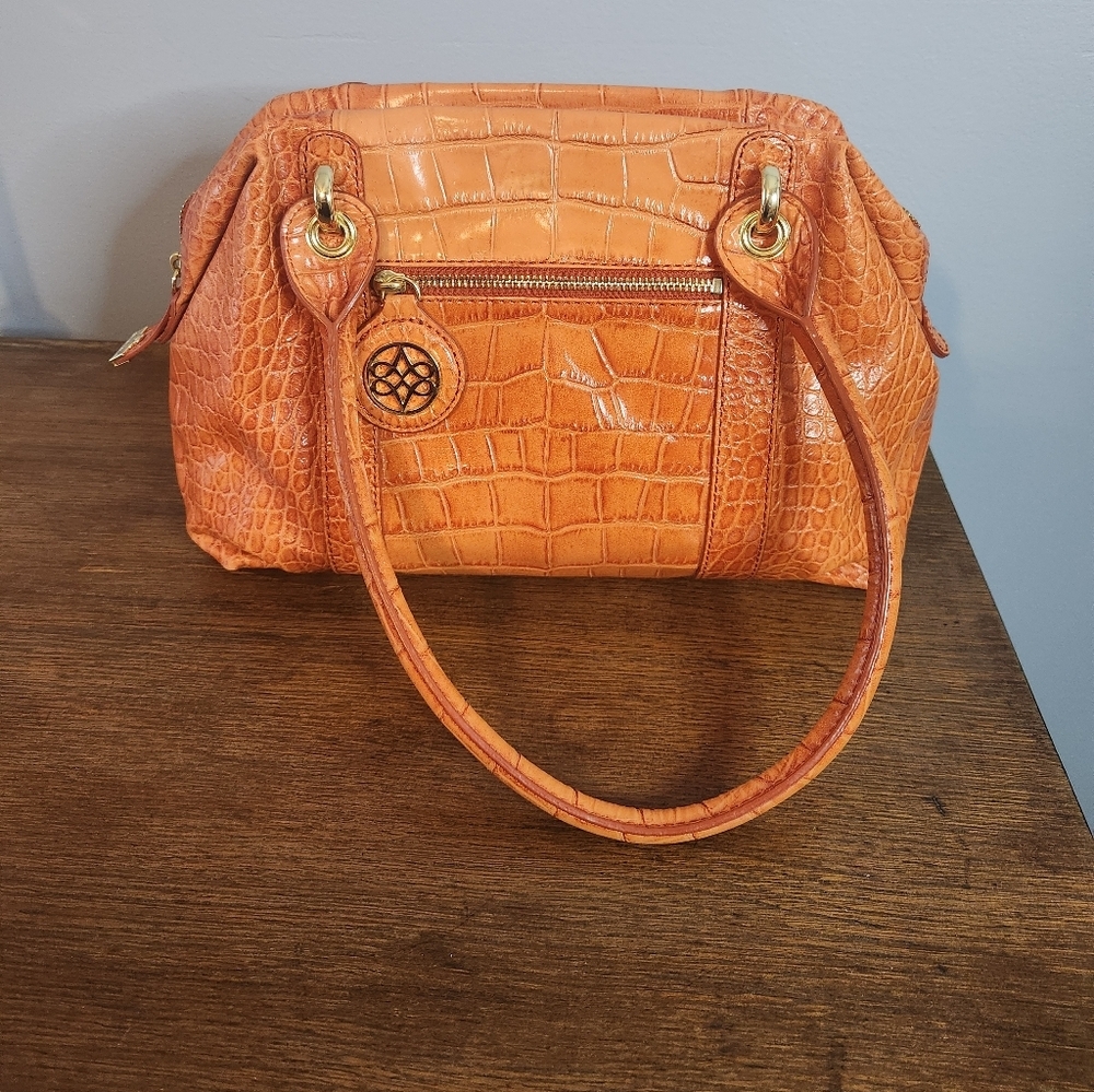 Antonio Melani 100% Cowhide Leather Mimi Satchel Croco Logo Orange Outer/ Yellow